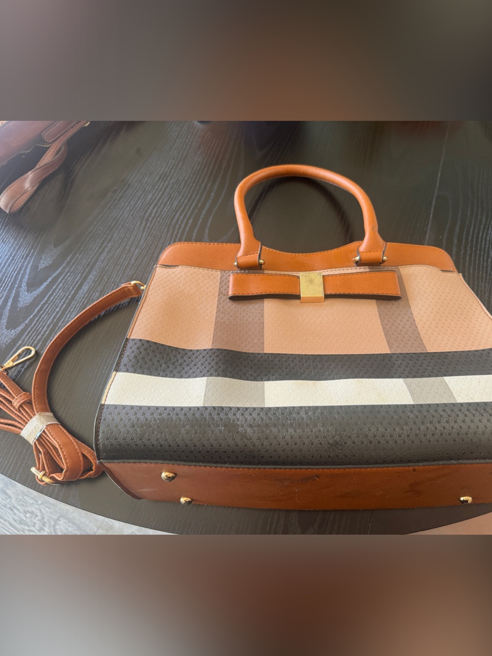 Bow Accent Striped Satchel in Brown and Cream